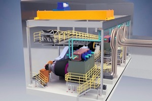  5 3D Modell einer unterirdischen Antriebskammer für einen von vier Schrägförderern für die Oyu Tolgoi Mine – ausgestattet mit zwei getriebelosen 5500&nbsp;kW-Antrieben • 3D rendering of the Oyu Tolgoi underground drive chamber for one of the four slope conveyors with 2&nbsp;x&nbsp;5.5&nbsp;MW gearless drives 