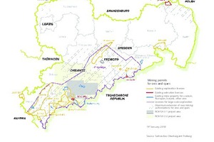  1 Bergbauberechtigungen auf Erze und Spate in Sachsen seit 2006 („Neues Berggeschrey“) sowie Lage der Projektgebiete ROHSA&nbsp;3.1 und ROHSA&nbsp;3.2 • Mining permits for ores and spars in Saxony since 2006 (“Neues Berggeschrey”) as well as location of the ROHSA&nbsp;3.1 and ROHSA&nbsp;3.2 project areas 