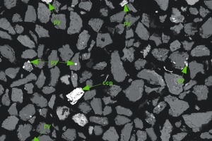  8 Rückstreuelektronenbild von silikatischen Gangmineralen (mittel bis dunkelgrau) und Sulfidmineralen (weiß). Die Sulfidminerale umfassen Pyrit (py) und Chalkopyrit (ccp), die von dem silikatischen Nebengesteinsmineralen effektiv getrennt worden sind. Gezeigt ist hier die Siebfraktion 250&nbsp;– 125&nbsp;µm • Backscatter electron microscope image showing silicate gangue minerals (medium to dark grey) and sulphide minerals (white). Sulphide minerals include pyrite (py) and chalcopyrite (ccp), which have been liberated from the silicate gangue to a very high degree. Shown here is the 250&nbsp;–&nbsp;125&nbsp;µm sieve fraction 