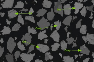  <div class="bildtext">12 Rückstreuelektronenbild von zerkleinertem Eklogit, das perfekt freigelegte Silikat- und Oxidminerale zeigt: Granat (Grt) und omphazitischer Augit (Omp). Auffällig ist die Oberflächenrauigkeit und Kantigkeit der freigelegten Minerale • Backscatter electron microscope image of comminuted eclogite, showing perfectly liberated silicate and oxide minerals. Garnet (Grt), omphacitic pyroxene (Omp). Note the surface roughness and angularity of the liberated minerals</div> 