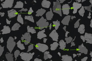  12 Rückstreuelektronenbild von zerkleinertem Eklogit, das perfekt freigelegte Silikat- und Oxidminerale zeigt: Granat (Grt) und omphazitischer Augit (Omp). Auffällig ist die Oberflächenrauigkeit und Kantigkeit der freigelegten Minerale • Backscatter electron microscope image of comminuted eclogite, showing perfectly liberated silicate and oxide minerals. Garnet (Grt), omphacitic pyroxene (Omp). Note the surface roughness and angularity of the liberated minerals 