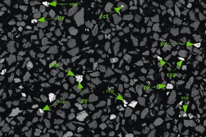 9 Los Bronces Erz, 125&nbsp;–&nbsp;63&nbsp;µm Siebfraktion mit höherem Partikelfreilegungsgrad verglichen mit der gröberen Fraktion in Bild&nbsp;8 • Los Bronces ore, 125&nbsp;–&nbsp;63&nbsp;µm sieve fraction, with higher degree of particle liberation compared to the coarser fraction shown in Fig.&nbsp;8 