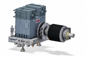  4 Der Aufbau des Direktantriebes mit dem von TAKRAF konstruierten Motorlayout und dem ABB Direktantrieb • Direct drive assembly with TAKRAF designed motor base frame and ABB direct drive motor 