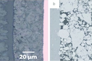  14	Lichtmikroskopie (HF links – a) und BSE-Bild (rechts – b) [12] • Light microscopy (HF left – a) and BSE image (right – b) [12] 