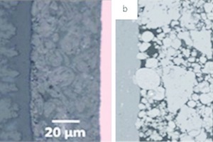  14 Lichtmikroskopie (HF links – a) und BSE-Bild (rechts – b) [12] • Light microscopy (HF left – a) and BSE image (right – b) [12] 