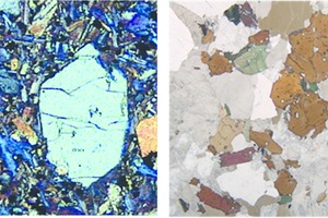  7	Polarisationsmikroskopische Aufnahme von Olivin (links) und Glimmer (rechts) • Polarization microscope image of olivine (left) and mica (right) 