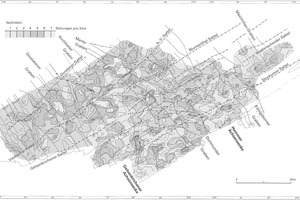  25 Intensitätsverteilung der Bruchtektonik (Verwurf &gt; 10 m an Karbonoberfläche, Streichrichtung parallel Faltenachsen) [9, S. 134/135]Intensity distribution of fracture tectonics (fault &gt; 10 m at Carboniferous surface, direction of strike parallel to the fold axes) [9, p. 134/135] 