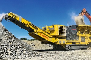  1 Als Neuheit präsentiert Keestrack den Backenbrecher B7e. Mit größerem Brecher (1200 x 830 mm) und höherer Maximalleistung (ca. 700 t/h) löst der Vollhybrid das Modell B6 ab • As a premiere, Keestrack presents the B7e jaw crusher. With a larger crusher unit (1200 x 830 mm) and a higher maximum capacity (700 t/h), the full hybrid plant replaces the B6 model 