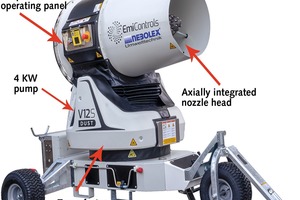  1 Staubbindemaschine V12S: Wurfweite bis 65&nbsp;m / 8000&nbsp;m², B&nbsp;x&nbsp;H&nbsp;x&nbsp;L / 1150&nbsp;x&nbsp;1890&nbsp;x&nbsp;1820&nbsp;mm, Gewicht 600&nbsp;kg, Schwenkwinkel&nbsp;350° / Neigungswinkel -18&nbsp;°&nbsp;–&nbsp;+40&nbsp;°, Min. Wasserdruck 3&nbsp;bar • V12S dust-binding machine: launch range up to 65&nbsp;m / 8000&nbsp;m², W&nbsp;x&nbsp;H&nbsp;x&nbsp;L 1150&nbsp;x&nbsp;1890&nbsp;x&nbsp;1820&nbsp;mm, weight 600&nbsp;kg, rotation angle 350&nbsp;°; tilting angle -18&nbsp;°&nbsp;–&nbsp;+40&nbsp;°; min. water pressure 3 bar 