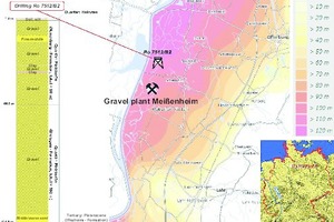  <div class="bildtext">2 Geographische Lage und Mächtigkeit der Kiessande in der Umgebung des Kieswerks Meißenheim; Datenquellen: [4] sowie [5]<br />Geographical location and thickness of the gravel sands in the surroundings of Meissenheim gravel plant; data sources: [4] as well as [5]</div> 