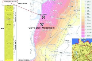  2 Geographische Lage und Mächtigkeit der Kiessande in der Umgebung des Kieswerks Meißenheim; Datenquellen: [4] sowie [5]Geographical location and thickness of the gravel sands in the surroundings of Meissenheim gravel plant; data sources: [4] as well as [5] 