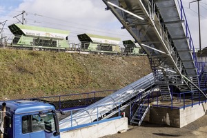  <div class="bildtext">6 Pro Stunde werden 1200&nbsp;t des abgebauten Materials auf Bahnwaggons und 600&nbsp;t auf Lastwagen verladen • 1200 tonnes of the excavated material are loaded onto railway wagons and 600&nbsp;tonnes onto trucks every hour </div> 