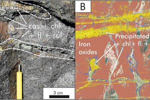  6 Kassiterit, Chlorit, Fluorit und diverse Sulfidminerale werden in den Lithoeinheiten von Hämmerlein immer zusammen in Äderchen und Linsen ausgefällt. A: Foto der Eisenoxideinheit. B: Mit AM erstelltes Falschfarbenbild. Modifiziert nach [3] • Cassiterite, chlorite, fluorite and diverse sulphide minerals are always precipitated in the lithounits of the Hämmerlein deposit together in veinlets and lenses. A; Photo of the iron oxide unit. B. A false colour image generated with AM. Modified according [3] 