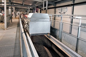  <div class="bildtext">A reversible distribution conveyor belt on each side feeds 15 silos with a storage volume of 200 m³ each with primary or secondary materials</div> 