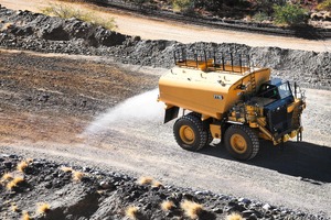  1 With its intelligent water control, the new Cat&nbsp;777G Water Solutions-SKW with 76&nbsp;000-l tank offers water-saving and thus sustainable dust suppression 