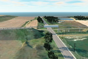  Links: 3D-Modell der Autobahnüberquerung während der Planungsphase; rechts: reales Bild nach Inbetriebnahme des gleichen Abschnitts  