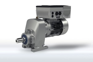  Single-stage NORDBLOC.1® helical in-line gear unit with an energy-efficient motor and a NORDAC FLEX frequency inverter  