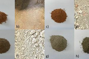  1	Waste materials used for the production of geopolymers; brick grinding dust (a); unprocessed broken bricks (b), processed broken bricks (c); unprocessed mixed construction waste (d); processed mixed construction waste (e), unprocessed concrete construction waste (f), processed concrete construction waste (g) and fly ash (h) 