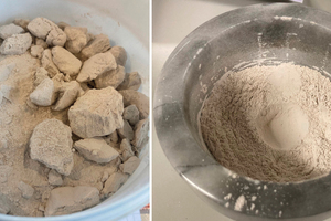  3 	Gips-Probenmaterial – Gewinnung aus dem Mineral Polyhalit im Zuge des neu entwickelten Aufbereitungsverfahrens (links: unzerkleinert; rechts: zerkleinert)	 