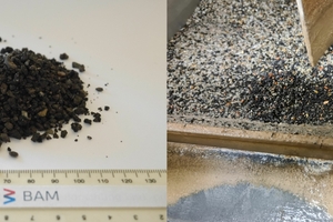  3	Left: The source material is bituminous milled material from road construction. 
Right: close-up view of the jigging bed. 
The darker bituminous material has a lower density and is therefore on top during the jigging process 