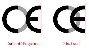  7 	Links das echte CE-Zeichen. Rechts steht „China Export“ 