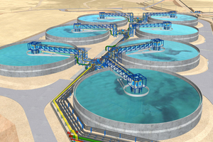  	Close-up of the seven DELKOR Thickeners in the layout from the initial request phase of the Talabre Thickened Tailings Project (PRET) in 2023 