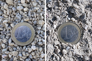  5 	Die Endprodukte des Vertikalprallbrechers SBM V8 bei Moosleitner zeichnen sich durch eine hervorragende Kornform und eine gute Sieblinie aus. (links: Splitt 5/8 mm; rechts: Brechsand 0/4 mm) 