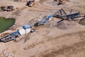 	The material flow: The Kleemann jaw crusher pre-crushes the material, the cone crusher shapes it, and the screening plant classifies it into two final products and separates out the oversize grain 