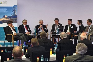  4 Participants of the panel discussion (from the left): Thilo Boss, business journalist and presenter, Berlin; Dr.-Ing. Stefan Mann, President of the Association of Mining, Geology and Environment e.V., Berlin; Prof. Dr. –Ing. Dr. h. c. mult. Friedrich Wilhelm Wellmer, President of the BGR a. D., Hanover; Dr. Peer Hoth, Head of Division in the Federal Ministry for Economic Affairs and Energy; Frank Berger, Managing Director of Graphit Kropfmühl GmbH, Hauzenberg; Sebastian Schiweck, Wirtschaftsvereinigung Metalle e. V., Berlin and Dr. Leopold von Carlowitz, Consultant GIZ GmbH  