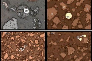  1	a)	Reste von Chromeisenmetall eingeschlossen in der Schlacke	b)	Reste von Chromeisenmetall zusammen mit dem Flugstaub	c)	Reste von Chromeisenmetall eingeschlossen in den Silicaten	d)	Reste von Chromeisenmetall entlang der Umrisslinien der Chromitkörner	C = Chromit und FC = Chromeisenmetall 