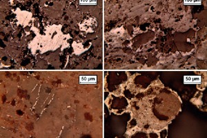  3 Hämatit von Silikaten umgeben (oben) und von Goethit eingeschlossen. Rutil in der Silikatmatrix und Gibbsit-Oolithe mit Silikat-Oolithen (unten). Probe Jharkhand, Auflichtmikroaufnahme # Hematite enclosed by silicates (top) and enclosed by goethite. Rutile within the silicate matrix and oolites of gibbsite contain silicate oolites (bottom). Jharkhand Sample, Reflected light photomicrograph 