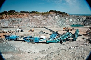  	The new Powerscreen® system: a Premiertrak 3244 jaw, two&nbsp;1300 Maxtrak cones, two Chieftain dry screens, and a track ­conveyor 