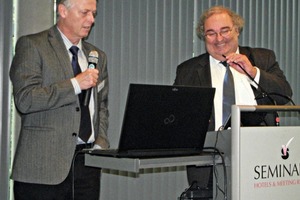  Moderator Prof. Dr.-Ing. Hermann Wotruba mit dem Referenten Dipl.-Ing. Christian Dähn, Bayrisches Landesamt für Umwelt, Augsburg bei der Diskussion • Presenter Prof. Dr.-Ing. Hermann Wotruba with the lecturer Dipl.-Ing. Christian Dähn from the Augsburg-based Bavarian Regional Office for the Environment during the discussion 