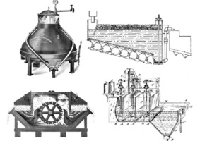  4	Flotationsapparate um 1925: Elmore-Vakuumzelle (links oben), Callowzelle (rechts oben), K. und K. (Kohlberg und Kraut) – Flotationsmaschine (links unten) und Hooverzelle (rechts unten) • Flotation machines at about 1925: Elmore Vacuum Cell (left up), Callow Cell (right up), K. and K. machine (left down) and Hoover Cell (right down) 