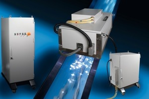  	Laser unit for single particle analysis of rocks on belt conveyors; Left: Control cabinet, Centre/top: Laser module, Centre/bottom: Belt conveyor with sorting material and laser-induced plasmas (long-term exposition), Right: Spectrometer module 