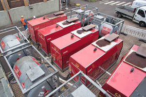  3 Blick auf die Dieselaggregate (rote Gehäuse) und die Behälter für den Dieselkraftstoff • View onto the diesel packages (red housings) and the reservoirs for diesel fuel 