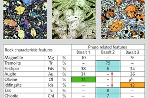  <div class="bildtext">8 Einfluss der Mineralumwandlungen auf die Festigkeit • The influence of mineral transformations on strength<br />Basalt&nbsp;1 (Steinefrenz) – Einsprenglinge: Olivin. Grundmasse: Pyroxen, Plagioklas, Magnetit, Glas • Basalt&nbsp;1 (Steinefrenz) – phenocrysts: olivine. Matrix: pyroxene, plagioclase, magnetite, glass<br />Basalt 2 (Mjanducha, Russland) – Neubildungen von Tremolit, Chlorit, Talk in Olivin • Basalt&nbsp;2 (Myandukha deposits, Russia) – Newly formed tremolite, chlorite, talcum in olivine<br />Basalt 3 (Steinefrenz) – Neubildung von Iddingsit in Olivin • Basalt&nbsp;3 (Steinefrenz) – Newly formed iddingsite in olivine<br /></div> 