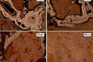  2 Goethit mit kolloidaler Bänderung einschließlich Hämatit und umgeben von einer Silikatmatrix (oben). Dünne Leisten von Ilmenit mit Silikaten. Probe Jharkhand, Auflichtmikroaufnahmen # Goethite shows colloform banding with hematite and is surrounded by a silicate matrix (top). Thin laths of ilmenite with silicates. Jharkhand Sample, Reflected Light photomicrographs 