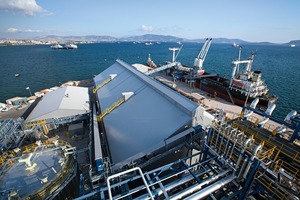  1 Ansicht der gesamten Anlage von Hellenic, von der Schwefelgrube über die Rotoform-Anlagen und die Lagerung bis zur Schiffsbeladung # Impressive view over the whole Hellenic plant: from sulphur pit, Rotoform units, storage up to the ship loading  