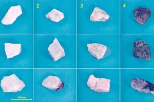  3 Beispiele für die Erkennung und Abscheidung bei der Reinigung von weißen Quarzpartikeln. Teile&nbsp;1 und 2 zeigen die hochentwickelte Texturanalyse, Teile&nbsp;3 und 4 eine typische Farbanalyse • Identification and separation examples during purification of white quartz particles. Sections 1 and 2 illustrate the advanced texture analysis while sections 3 and 4 show the typical colour analysis 