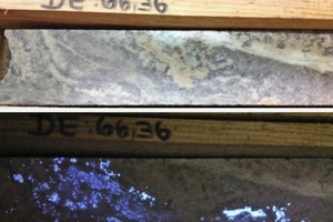  <div class="bildtext">3 Core sampling of the St. Pedro Aiguias skarn (Portugal) containing scheelite value mineral, top: under daylight, bottom: under UV light (photo courtesy of the Natural History Museum, London). Every on-site sampling operation for research purposes is preceded by comprehensive preparation-mineralogical analysis, in order to obtain better understanding of mineral parageneses and their degrees of intergrowth</div> 