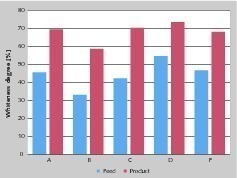  6 Entwicklung des Weissgrades während der Versuche • Plot of whiteness during the tests 