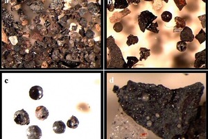  a)	Probe der Siebfraktion +500 µm zeigt geschmolzene Kohlenstoffpartikel (schwarz), metallische Teilchen (glänzend) und Silicate (hell/weiß) (20 x)b)	Probe der Siebfraktion +210 µm zeigt unterschiedliche Arten von Kügelchen mit oder ohne metallische Partikel (30 x)c)	Probe der Siebfraktion +210 µm zeigt gebrochene, hohle Kügelchen (oben), poröse Kügelchen (ganz unten rechts), feste Kügelchen und gebrochene Kügelchen (30 x)d)	Einige Silicatkügelchen sind in der geschmolzenen Kohlenstoff­masse in der Siebfraktion +210 µm eingeschlossen (30 x) 