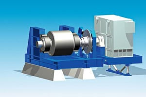  7 Lagermotor mit elastischer Kupplung, Bremsscheibe, Antriebstrommel und zum Patent angemeldeter Verlagerungskonstruktion • Bearing motor with flexible coupling, brake disc, drive pulley and the patent-pending support structure 