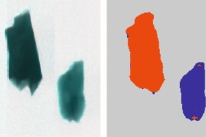  7	Röntgentransmissions-Bild zweier Referenzsteine (links Flintstein, rechts Kalkstein) und das simulierte Sortierbild • X-ray transmission image of two reference minerals (left: flint, right: limestone) and the simulated sorting pattern 