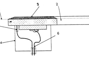  7 	Schematische Darstellung eines Ultraschallsiebes: 1 Siebgewebe, 2 Resonator, 3 Kleber, 4 Abdeckung, 5 mechanische Dämpfung, 6 Spannungsversorgung 