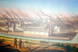  	Painting of the Muldenhütten smelter dating from around 1800 – smoking chimneys as a sign of its high productivity (source: [15]) 