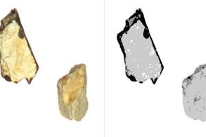  6	Scan zweier Referenzsteine (links Flintstein, rechts Kalkstein) ­aufgenommen mit einer CCD Kamera und das simulierte Sortierbild • Scan of two reference minerals (left: flint, right: limestone) recorded using a CCD camera; simulated sorting pattern 