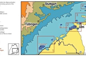  2	Wichtigste Vorkommen von hochreinen Kalksteinen im Oberjura der Schwäbischen Alb (dunkelblau schraffiert) • The most important deposits of high-purity limestone in the upper jurassic of the Swabian Alb (blue hatched) 